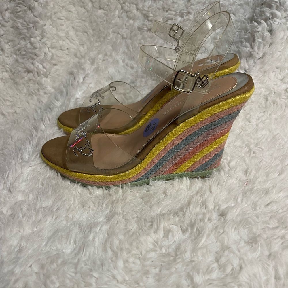 Juicy Couture clear Rhinestones espadrilles rainbow platform wedge sandals SZ8.5